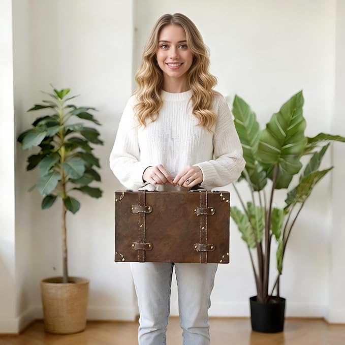 Vintage Leather & Wood Storage Box – Compact Decorative Suitcase Chest with Classic Design, Perfect for Keepsakes, Travel, and Home Organization