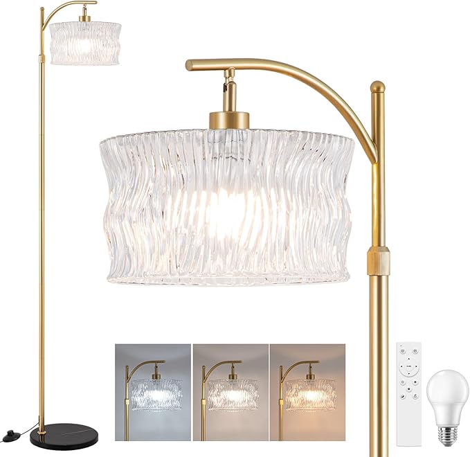 JERANDO Dimmable Glass Floor Lamp for Living Room, Modern Gold Standing Lamp with Remote Control, Vintage Clear Glass Lampshade Tall Lamp for Bedroom Study Room(LED Bulb Included)