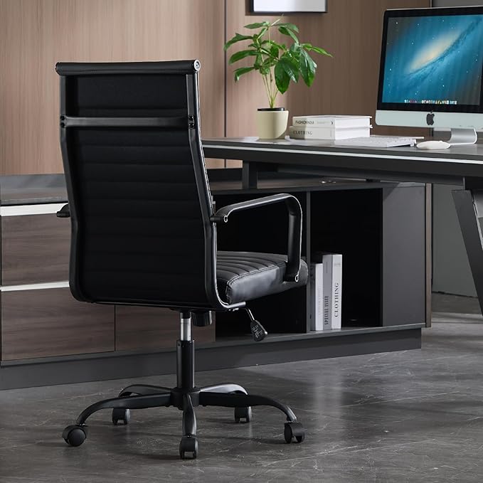 Haranuo Conference Room Chairs, Ergonomic Executive Office Chair, Ribbed Leather Desk Chair with Lumbar Support, Adjustable Height Mid-Back Swivel Chair with Padded Seat