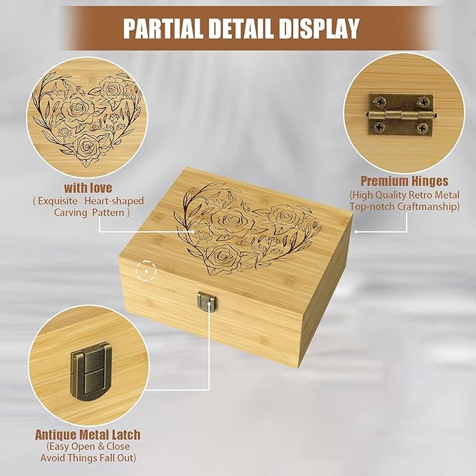 Wooden Keepsake Memory Box for Precious Items, Decorative Bamboo Boxes with Hinged Lid and Latch for Memories of Relatives, Anniversary, Wedding