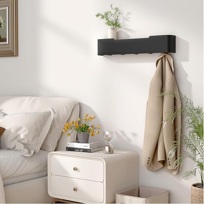 Coat Rack Wall Mount Entryway Organizer Modern Key Holder Wall Mount with Wooden Shelf Entryway Hooks for Bedroom Kitchen Hallway Bathroom for Hanging Coats Hats Dog Leashes Bags Towels