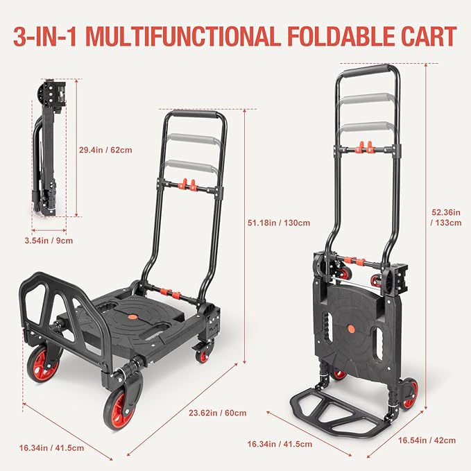 2-in-1 Hand Truck Dolly Foldable,330LB Folding Hand Truck Heavy Duty Carrying, Combination of 4 Wheels and 2 Wheels Convertible Dolly Cart with Retractable Handle cart for Moving Office Carts