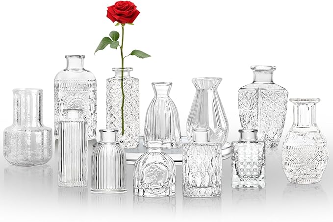 KUAGUINZUHE 12 Pcs Glass Bud Vase Set, Small Clear Vintage Flower Vases for Wedding Centerpieces in Bulk, Mini Embossed Vases for Home Table Decor, Party, Baby Shower Decorations