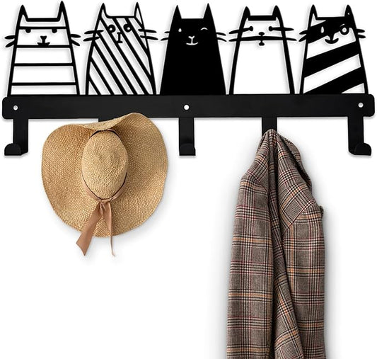 Aimery Metal Cat Coat Hooks Wall Art Decor – Chic Black Key Holder -Coat Hanger Wall Mount – Multipurpose Wall Hooks for Storage, Living Room, Hallway, Office (Black)