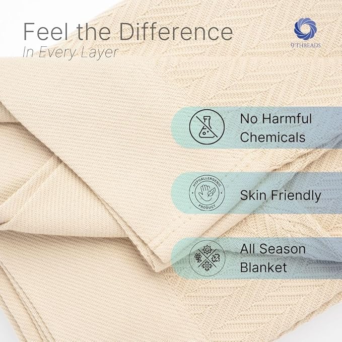 9Threads Queen Size Multipurpose Blanket, 100% Extra Long Staple Cotton, Soft & Breathable Herringbone Weave, Beige, Lightweight, Machine Washable, All-Season Throw Blanket for Bedroom & Travel