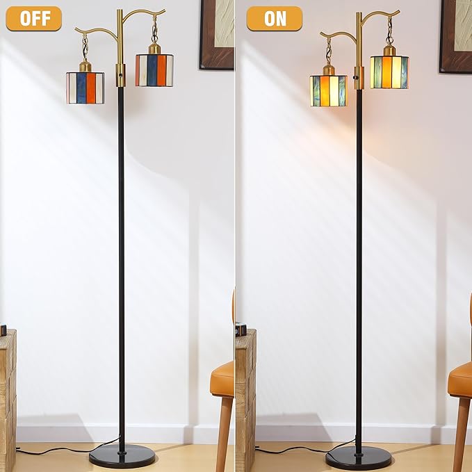 Asmymhd Vintage Dimmable Floor Lamp, Tiffany Standing Lamp with 2 Stained Glass Shades, Rustic Farmhouse Floor Lamp with Black and Gold Finish for Living Room Bedroom
