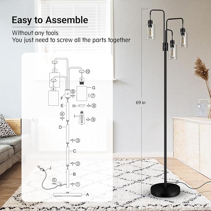 BoostArea Industrial Floor Lamp for Living Room,Glass Lampshade,Modern Stand Up Lamp with 3 Light,Simple Design Floor Lamp for Bedroom, Living Room, Office, Kids Room, Reading