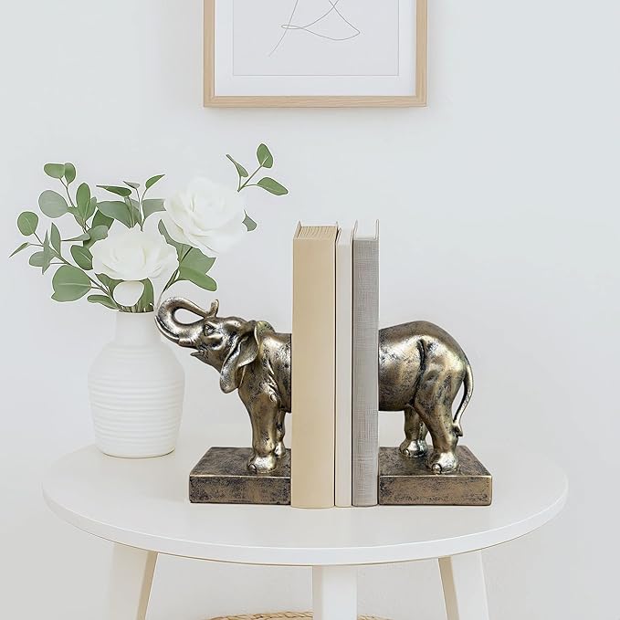Elephant Bookends Set of 2 – Vintage Resin Animal Sculpture Book Stoppers, Heavy Duty Decorative Book Ends for Home Office Bookshelf