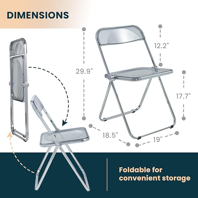 LeisureMod Lawrence Modern Clear Acrylic Folding Chair with Metal Frame, Space-Saving Transparent Seating for Dining Room, Home Office, Bedroom, Vanity or Small Spaces, (Transparent Black, Singles)