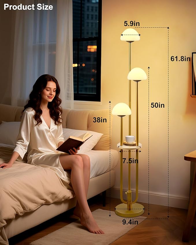 Lightdot Gold Dimmable Floor Lamp with Table, Modern Floor Lamps for Living Room, 3000K Soft Lights Tall Standing Lamp with Mushroom Shades & Bulbs for Bedroom/Office