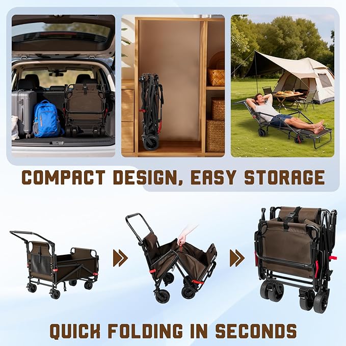 LEVELEVE Heavy Duty Folding Wagon - 2-in-1 Collapsible Cart, 400lb Capacity, All-Terrain Wheels w/Brakes & Side Pockets (Brown)