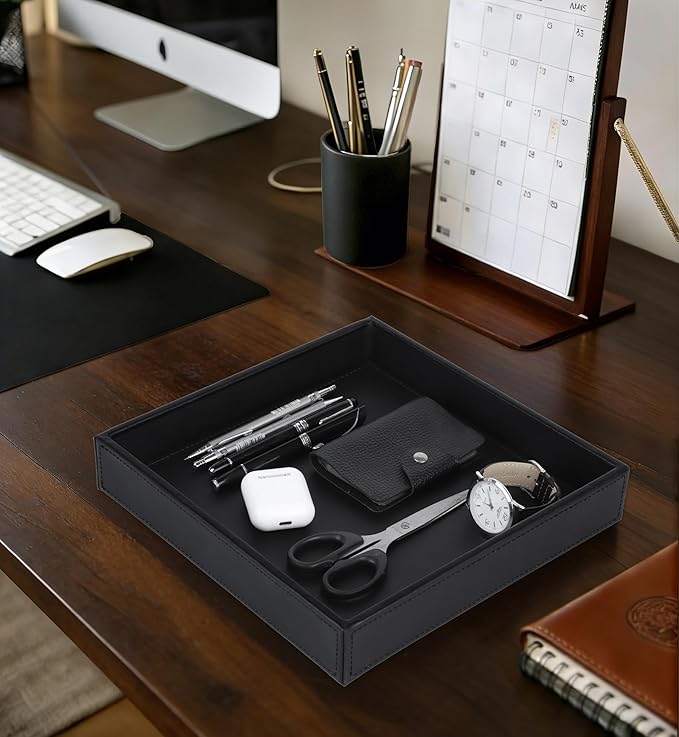 HofferRuffer Faux Leather Vanity Tray, Elegant Desktop Storage Organizer, Decorative Catchall for Perfume, Bathroom Valet, Nightstand or Dresser, 10 x 10 x 1.8 inches (Black)