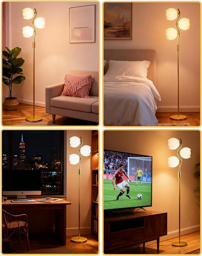 Lightdot 62IN Gold Floor Lamp Stepless Dimmable Bud-Shaped Floor Lamps with 3Pcs 3000K G9 Bulbs Eye-Friendly Mid Century Standing Lamps with Stable Base for Living Room/Bedroom/Corner/Office
