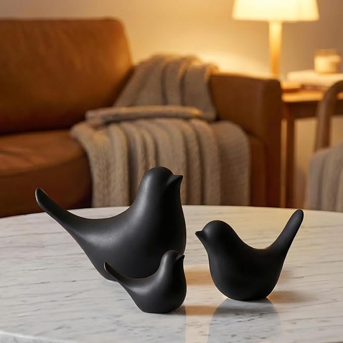 Black Bird Statue Set – Small, Medium, Large, Modern Tabletop Sculptures for Living Room, Mantel, Shelf, Console Table, Entryway, Fireplace, Bedroom, Monochrome and Modern Home Accents