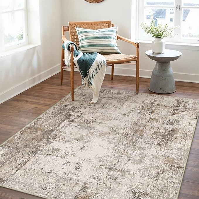WondRg 3x4 Washable Area Rug Brown Grey Abstract Entryway Office Throw Rug Neutral Modern Non Slip Soft Low Pile Small Carpet for Kitchen Living Room Bedroom Entrance