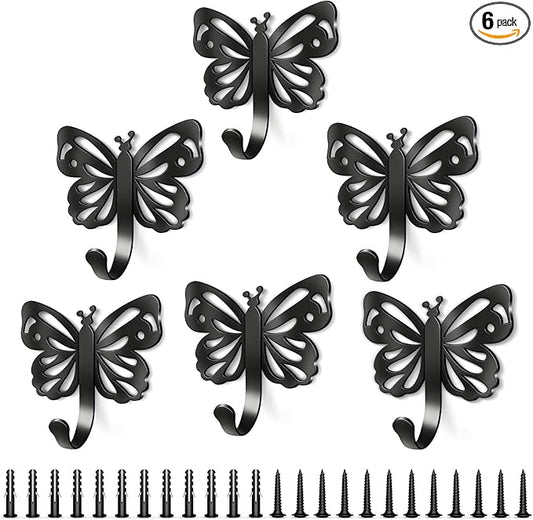 Butterfly Coat Hooks For Wall,Heavy Duty 20LB Black Coat Hooks & Towel Hooks,Metal Wall Mount Hangers for Bathroom,Living Room,Kitchen - for Hanging Coat,Hat,Key,Bag,Robe,Scarf,Dog Leash,6 Pack