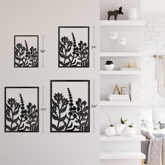 SIGNLEADER Metal Wall Art Decor Botanical Flowers Minimalist Modern Abstract Wall Sculpture Hangings Home Decoration for Living Room, Bedroom, Bathroom, Kitchen, Outdoor - 18" Black