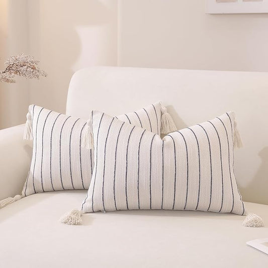 QDTTSRY Decorative Boho Throw Pillow Covers 20x12 Inch Set of 2, Textured Linen Striped Lumbar Throw Pillows with Tassels, Farmhouse Decor Cushion Covers for Couch Bed Living Room, Dusty Blue