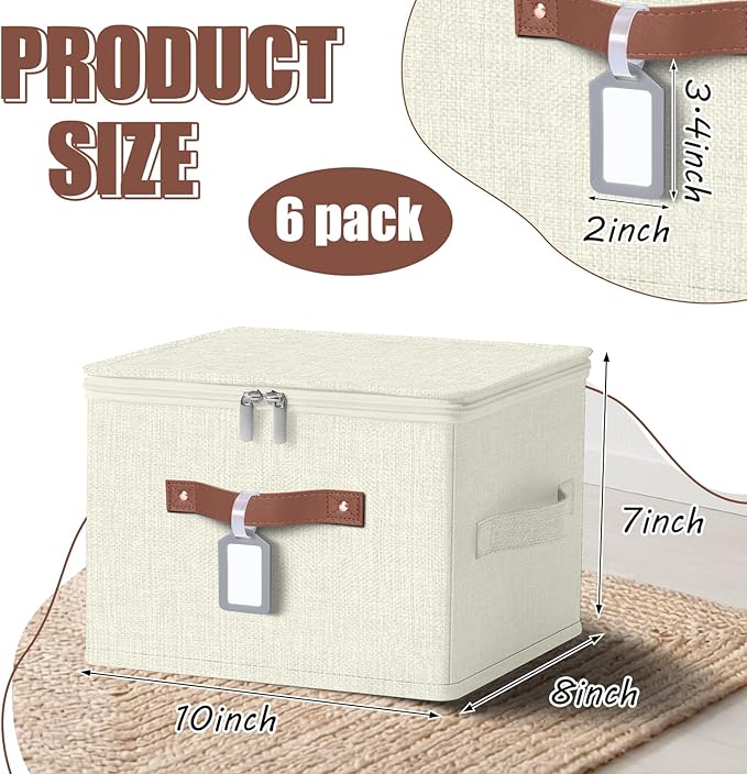 6 Pack Fabric Storage Bins with Lids and Label, 10×8×7Inch Foldable Cotton Linen Cute Storage Boxes with PU Leather Handles for Closet, Bedroom, Shelf, Nursery, Beige