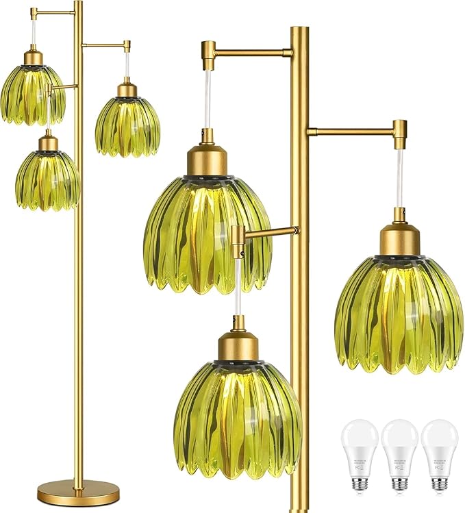 WLQCWL Vintage Floor Lamps for Living Room-3 Light Gold Floor Lamp with Three Bulbs & Glass Lampshape,Glass Mid Century Modern Standing Lamp Tree Tall Flower Floor Lamp for Bedroom Living Room,Corner