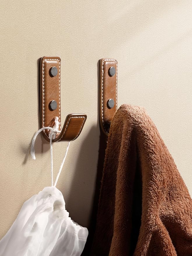 4 Pack Brown Leather Coat Hooks Wall for Hanging Rectangle Coat Hooks for Hanging Robe Towels Bags Hats Scarf Keys Clothes Suitable for Bedroom, Entryway and Closet