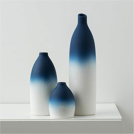 Blue and White Vase Set Navy Blue Decor Coastal Decor Vases for Kitchen Island Living Room Office Table Fireplace Mantle Decorations & Bathroom Shelf Decor Centerpiece Table Decorations Ceramic