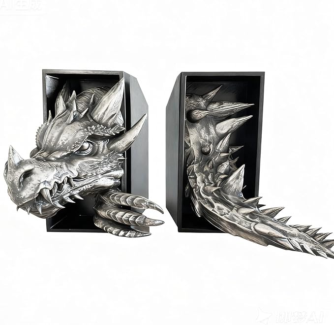 Dragon Bookshelf Decor Gothic Fantasy Bookends Black Animal Statues for Shelves Book Lovers Gifts Unique Resin Shelf Holder Set (10"*6.1"*4.9") Home Office Decorative (Antique Silver)