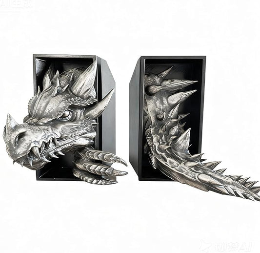 Dragon Bookshelf Decor Gothic Fantasy Bookends Black Animal Statues for Shelves Book Lovers Gifts Unique Resin Shelf Holder Set (10"*6.1"*4.9") Home Office Decorative (Antique Silver)