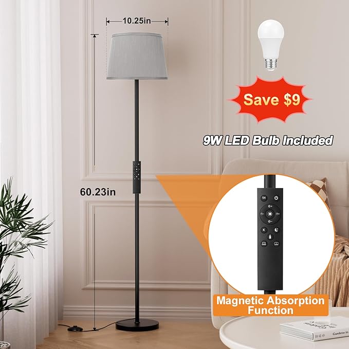 Raexpectis 【Upgraded Floor Lamps for Living Room, Modern Floor Lamp with Remote Control, Dimmable Colors Temperature Standing Lamp Foot Switch, 9W Bulb Tall Lamps for Bedroom Office Kid Room - Grey