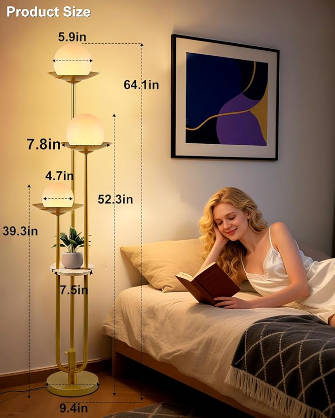 Lightdot 63IN Globe Floor Lamp with Shelf 3-Lights Modern Dimmable Floor Lamps with 3000K Soft Warm White Bulbs for Wedding/Party, Gold Tall Standing Lamp for Living Room/Bedroom