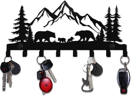 Keys Hooks for Wall, Key Holder Wall Mounter, Metal Bears Hooks, Christmas Decor, Metal Decor, Mountain Forest Wall Mount Hanger Rack for Entryway Front Door Kitchen Hallway Garage Office (Bear)