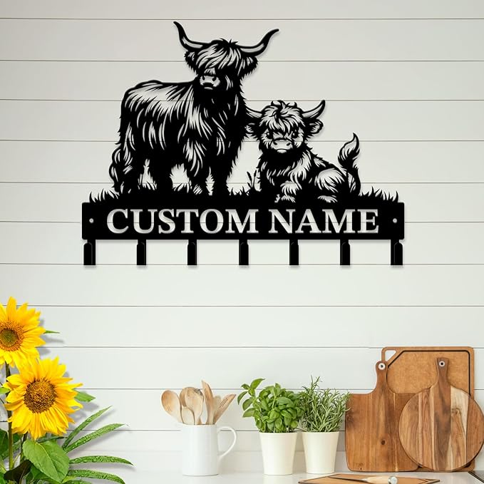 magilab Personalized Custom Highland Cow Wall Hooks,Metal Highland Cow Art Clothes Hooks,Metal Highland Cow Wall Home Storage Decorative,for Front Door, Hallway, Kitchen, Bedroom,Keys,Hats (Style J)