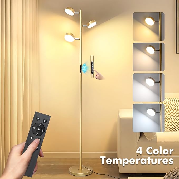 JUNNAI Gold Floor Lamp for Living Room with Remote Modern Tall Standing Lamp Dimmable LED Brass Tree Floor Lamps with 3 Adjustable Heads Touch Control 4 Color Temperatures for Bedroom Office Reading