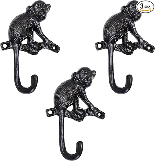 Set of 3 Cast Iron Monkey Shape Coat Hooks Wall Art Decor-Monkey Shape Hangers and Key Holder-Clothes Rack and Backpack Hanger-Coat Hooks Home Decor for Storage, Living Room, Hallway, Office