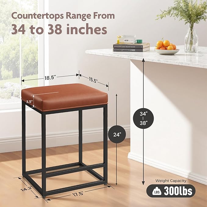 ALPHA HOME 24 Inch Counter Height Bar Stools, Upholstered Bar Stools for Kitchen Island, Counter Stools with Faux Leather Cushion and Sturdy Metal Frame, Modern Barstools, Caramel