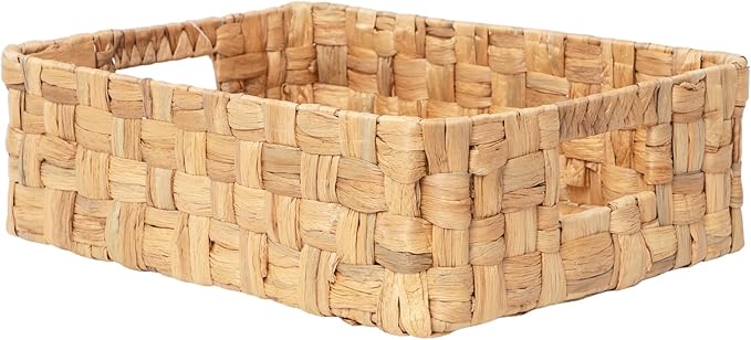YAHUAN Water Hyacinth Storage Basket Handwoven Wicker Shelf Basket, Shallow Basket Tray Organizer with Handles for Home, Closet & Kitchen (Original)