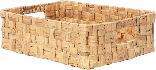 YAHUAN Water Hyacinth Storage Basket Handwoven Wicker Shelf Basket, Shallow Basket Tray Organizer with Handles for Home, Closet & Kitchen (Original)