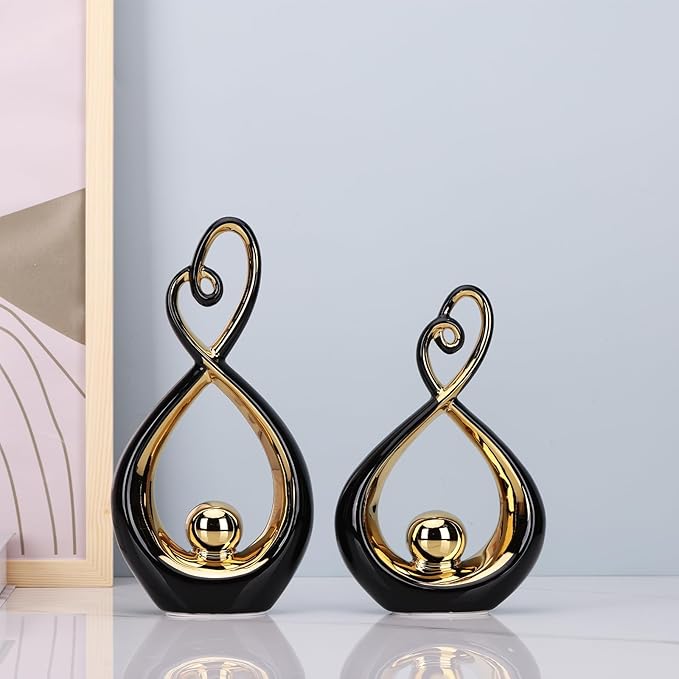DOVDOV Modern Art Home Decor, Ceramic Abstract Sculpture 2 Piece Set, Black and Gold Statue Decoration, Gorgeous Home Decor for Rooms, Bookshelves, Coffee Tables with Decorative Aesthetics.