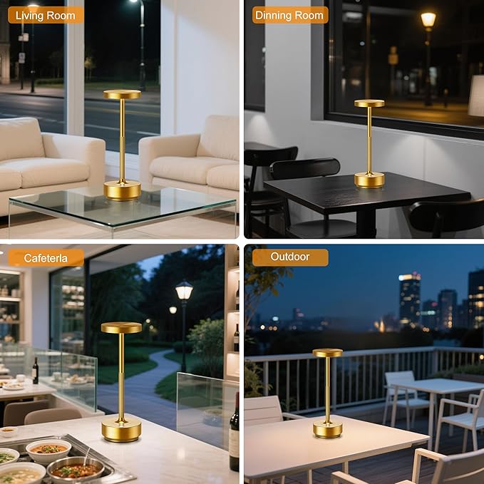 2 Pack Cordless Table Lamp Rechargeable - Waterproof, Touch 3-Color Lighting Portable LED Table Light for Outdoor,Patio,Restaurant.(2 Pack Gold)