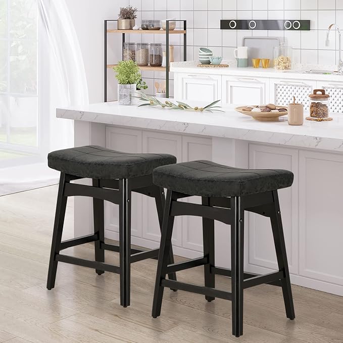 Sophia & William Black Bar Stool for Kitchen Island,24" Counter Height Bar Stools with Wooden Legs, Abrasive Leather Saddle Seat Bar Stool,1PC