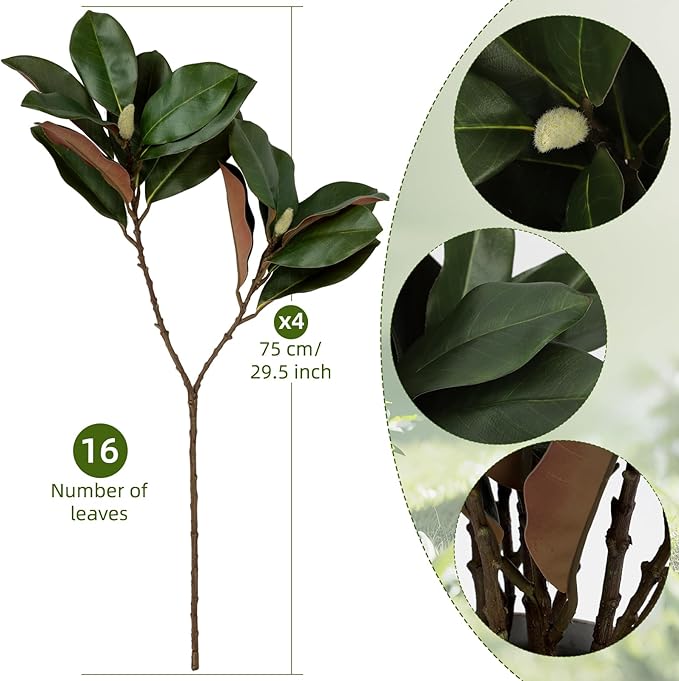 4PCS 29.5 Inch Magnolia Artificial Leaves Branches 3D Real Touch 64 Leaves Bulk Faux Magnolia Stems for Indoor Outdoor Vase Filling Home Wedding Floral Arrangement Decoration