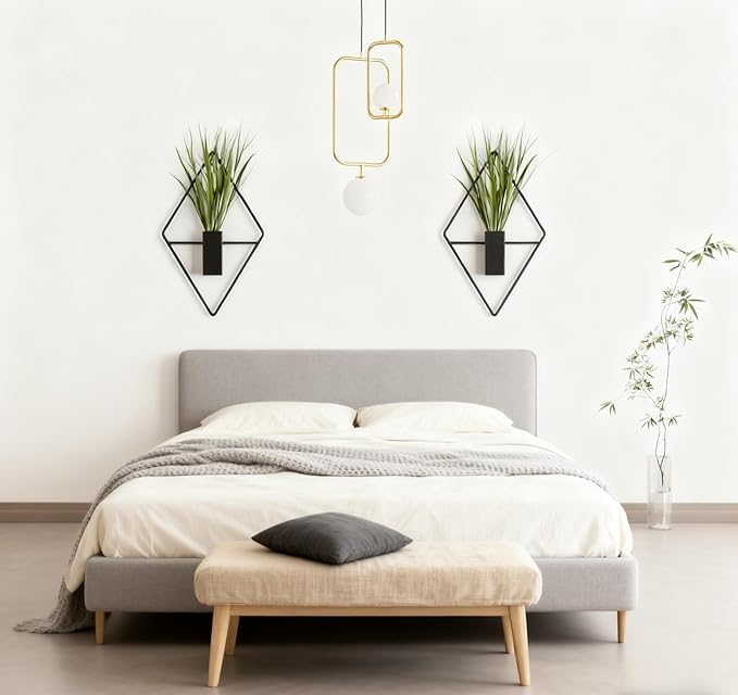 4 Pcs Black Metal Diamond - Shaped Hanging Planters with Artificial Plants: Ideal Indoor Wall Decor for Home & Office