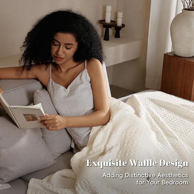 PHF 100% Cotton Waffle Weave Blanket Queen Size for Bed, Soft Lightweight & Breathable, All-Season Comfort, 300 GSM Luxury Aesthetic Blanket for Home Decor, 90"x90", Ivory