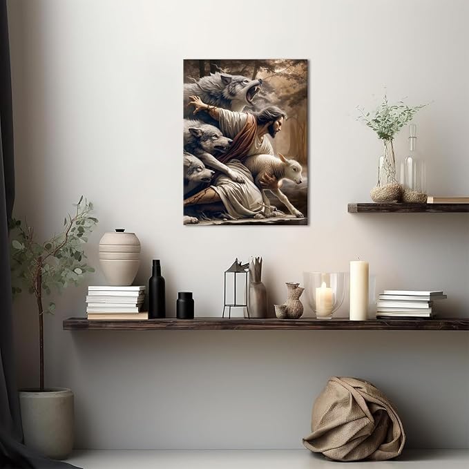 Jesus and Lamb Canvas Wall Art Jesus Saves the Lost Lamb Poster Wall Decor God Protect A sheep From Wolves Print Painting Christian Picture Artwork for Living Room Bedroom Church 12x16in Framed
