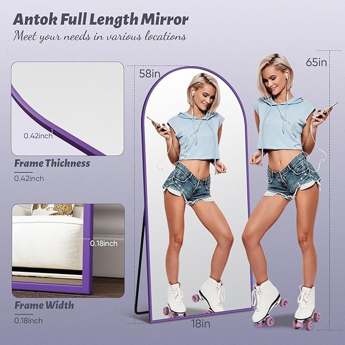 Antok Full Length Mirror, 58"x18" Floor Mirror, Arched Floor Standing Freestanding Arch Full Body Mirrors with Stand for Bedroom, Hanging Mounted for Living Room Cloakroom,Purple