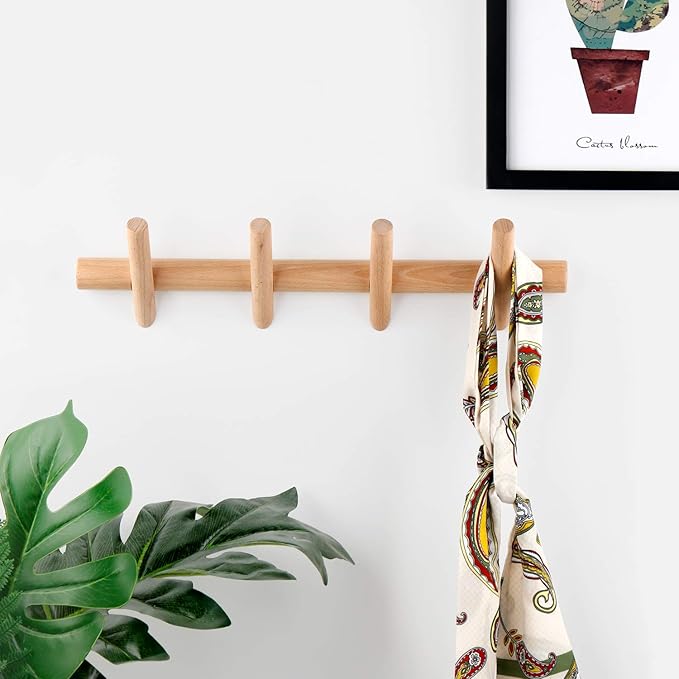 Wood Coat Hooks Wall Mounted Hat Rack Tower Hanger Wall Hooks Decorative Hanger with Pegs Entryway Bedroom Bathroom（Beech Wood,4 Hooks）