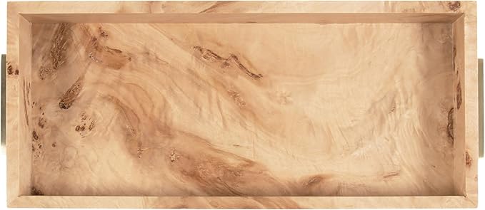 Kate and Laurel Burlock Modern Decorative Burlwood Rectangle Tray with Handles, 8 x 19, Natural Wood and Gold, Transitional Rectangular Tray for Use as Entryway Tray Decor or Ottoman Serving Tray