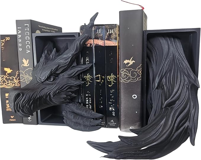 Dragons Awakening Book End – Fantasy Book Nook Insert for Dragon Readers – Unique Home Decor for Bookshelves & Libraries (Head and Tail - Shadow Dragon)