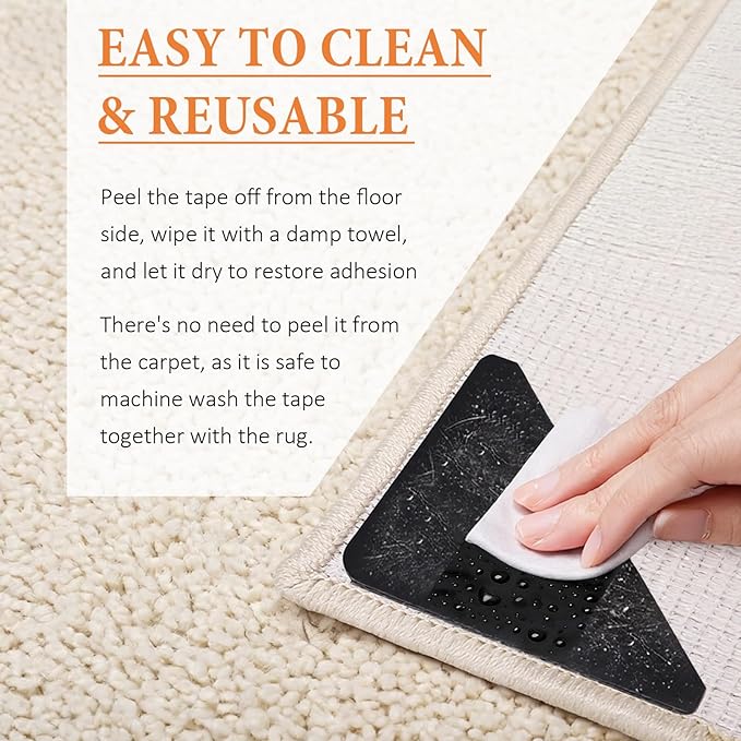 Songrey Rug Tape Rug Corner Grippers 12PCS, Reusable Double-Sided Carpet Tape to Hold Area Rugs Down, Non Slip Rug Pads Gripper for Hardwood Floors No Damage