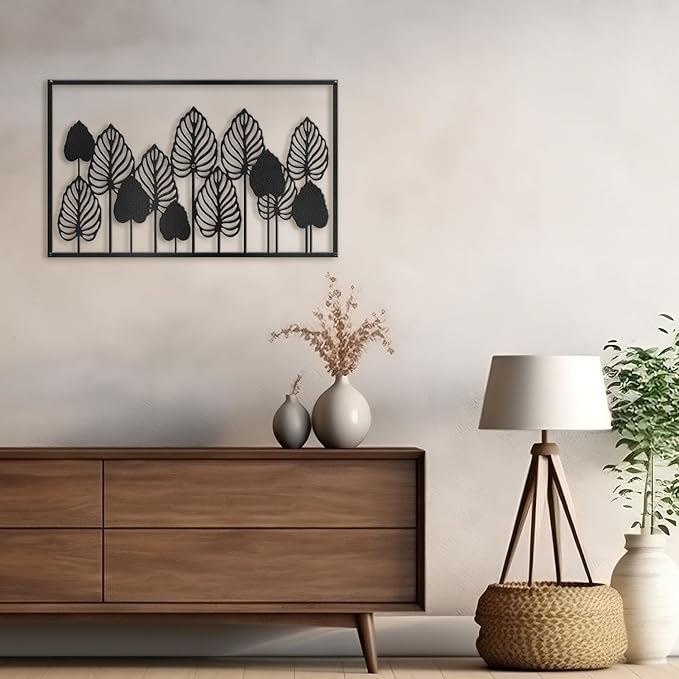 SIGNLEADER Metal Wall Decor Palm Tree Leaves Minimalist Modern Abstract Wall Sculpture Hangings Home Decoration for Living Room, Bedroom, Bathroom, Kitchen, Outdoor - 24" Black
